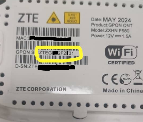Exemple de numéro de série sur la FiberBox